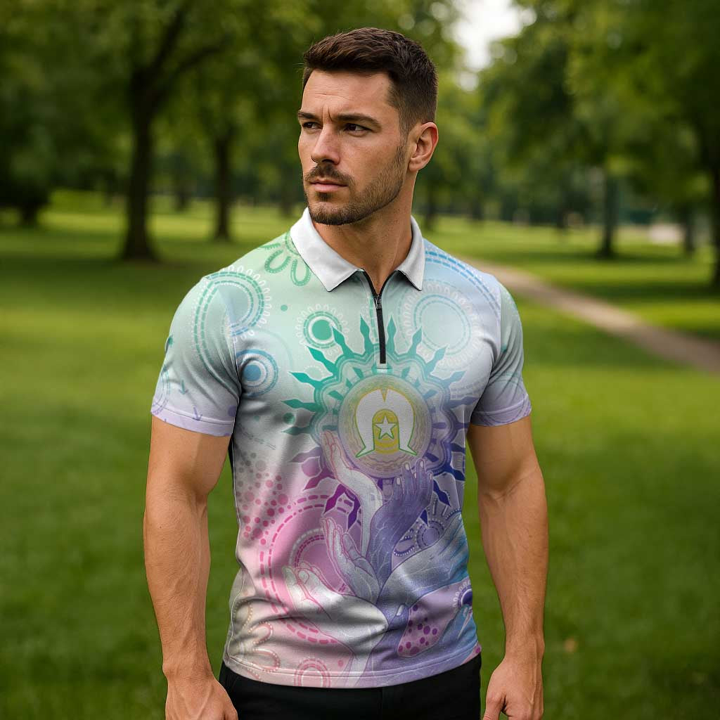 Aussie NAIDOC Week Zipper Polo Shirt Pastel Aboriginal Dot Art