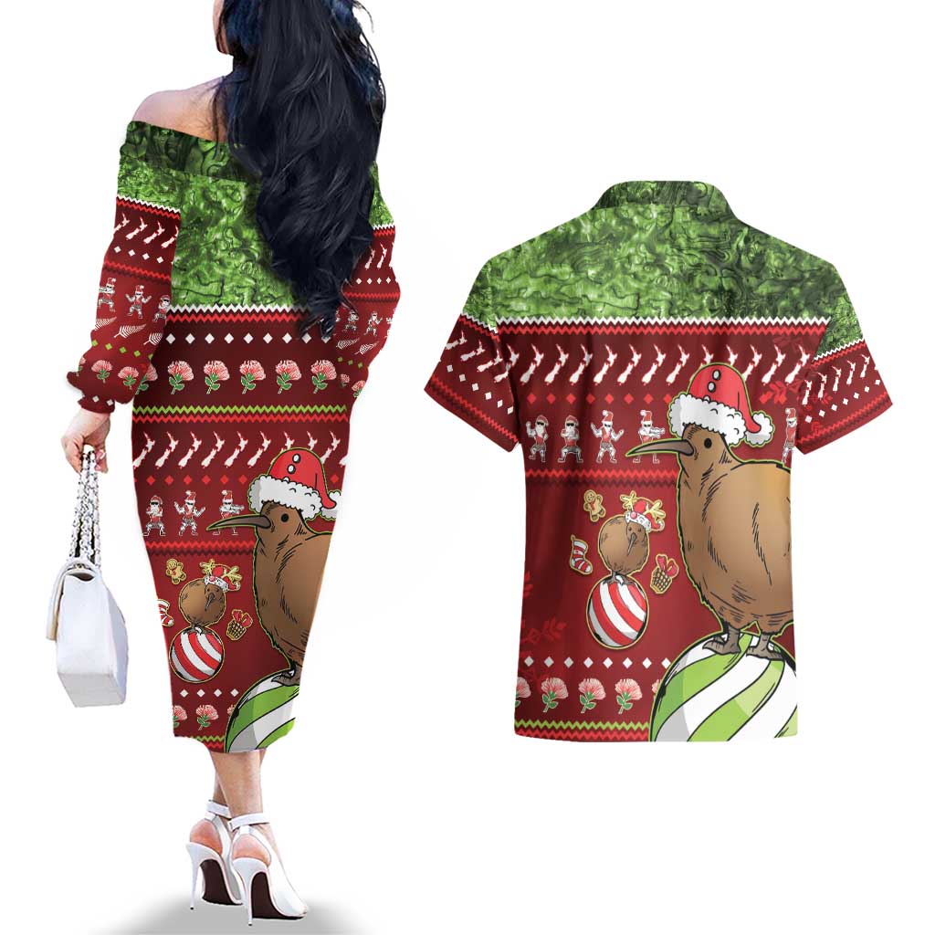 New Zealand Kiwi Christmas Couples Matching Off The Shoulder Long Sleeve Dress and Hawaiian Shirt Paua Shell Glitter Green