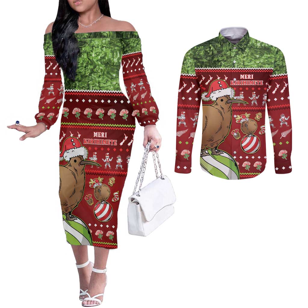 New Zealand Kiwi Christmas Couples Matching Off The Shoulder Long Sleeve Dress and Long Sleeve Button Shirt Paua Shell Glitter Green