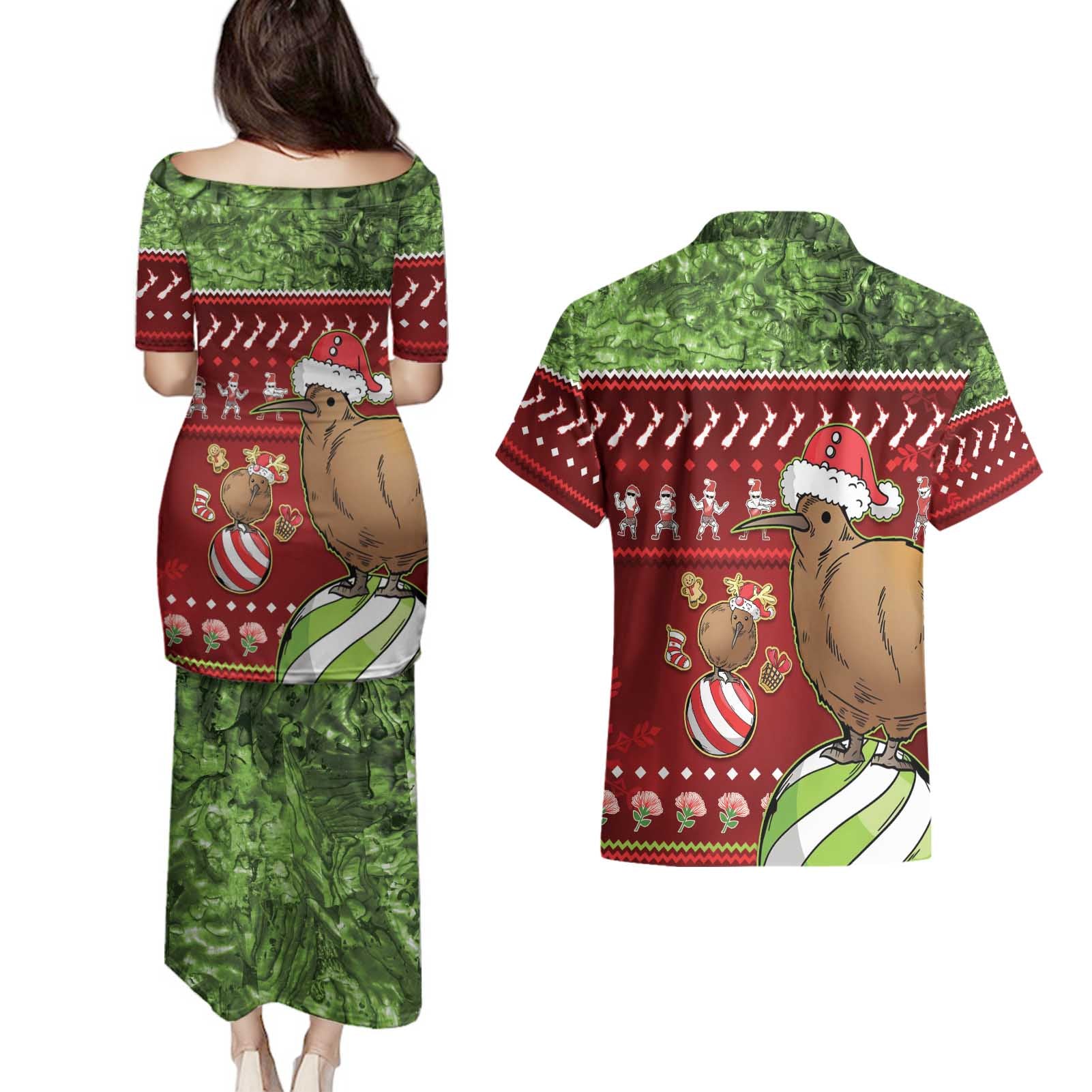 New Zealand Kiwi Christmas Couples Matching Puletasi and Hawaiian Shirt Paua Shell Glitter Green