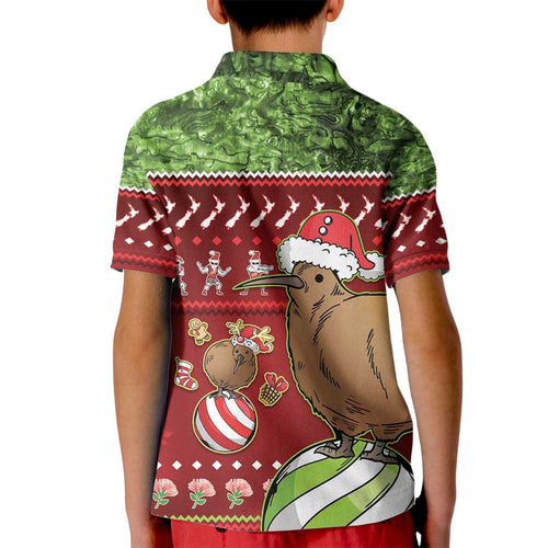 New Zealand Kiwi Christmas Kid Polo Shirt Paua Shell Glitter Green