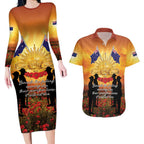 ANZAC Day Couples Matching Long Sleeve Bodycon Dress and Hawaiian Shirt Remembrance Tribute Soldiers And Poppy Field