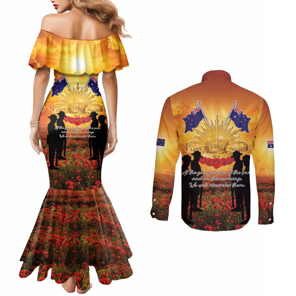 ANZAC Day Couples Matching Mermaid Dress and Long Sleeve Button Shirt Remembrance Tribute Soldiers And Poppy Field