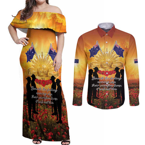 ANZAC Day Couples Matching Off Shoulder Maxi Dress and Long Sleeve Button Shirt Remembrance Tribute Soldiers And Poppy Field