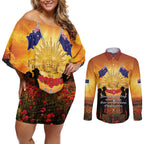 ANZAC Day Couples Matching Off Shoulder Short Dress and Long Sleeve Button Shirt Remembrance Tribute Soldiers And Poppy Field