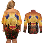 ANZAC Day Couples Matching Off Shoulder Short Dress and Long Sleeve Button Shirt Remembrance Tribute Soldiers And Poppy Field