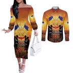 ANZAC Day Couples Matching Off The Shoulder Long Sleeve Dress and Long Sleeve Button Shirt Remembrance Tribute Soldiers And Poppy Field