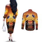 ANZAC Day Couples Matching Off The Shoulder Long Sleeve Dress and Long Sleeve Button Shirt Remembrance Tribute Soldiers And Poppy Field