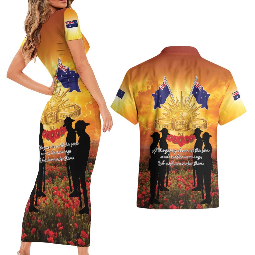 ANZAC Day Couples Matching Short Sleeve Bodycon Dress and Hawaiian Shirt Remembrance Tribute Soldiers And Poppy Field