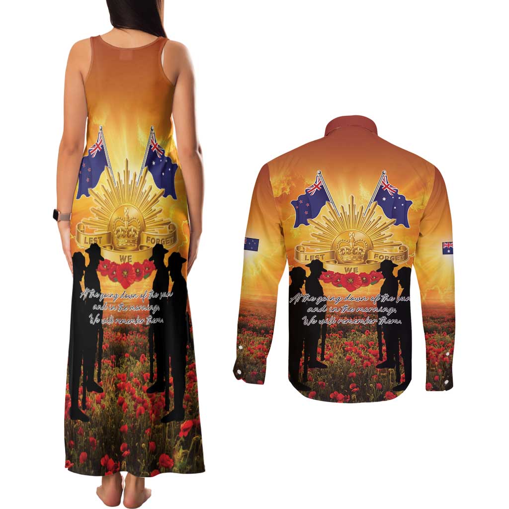 ANZAC Day Couples Matching Tank Maxi Dress and Long Sleeve Button Shirt Remembrance Tribute Soldiers And Poppy Field