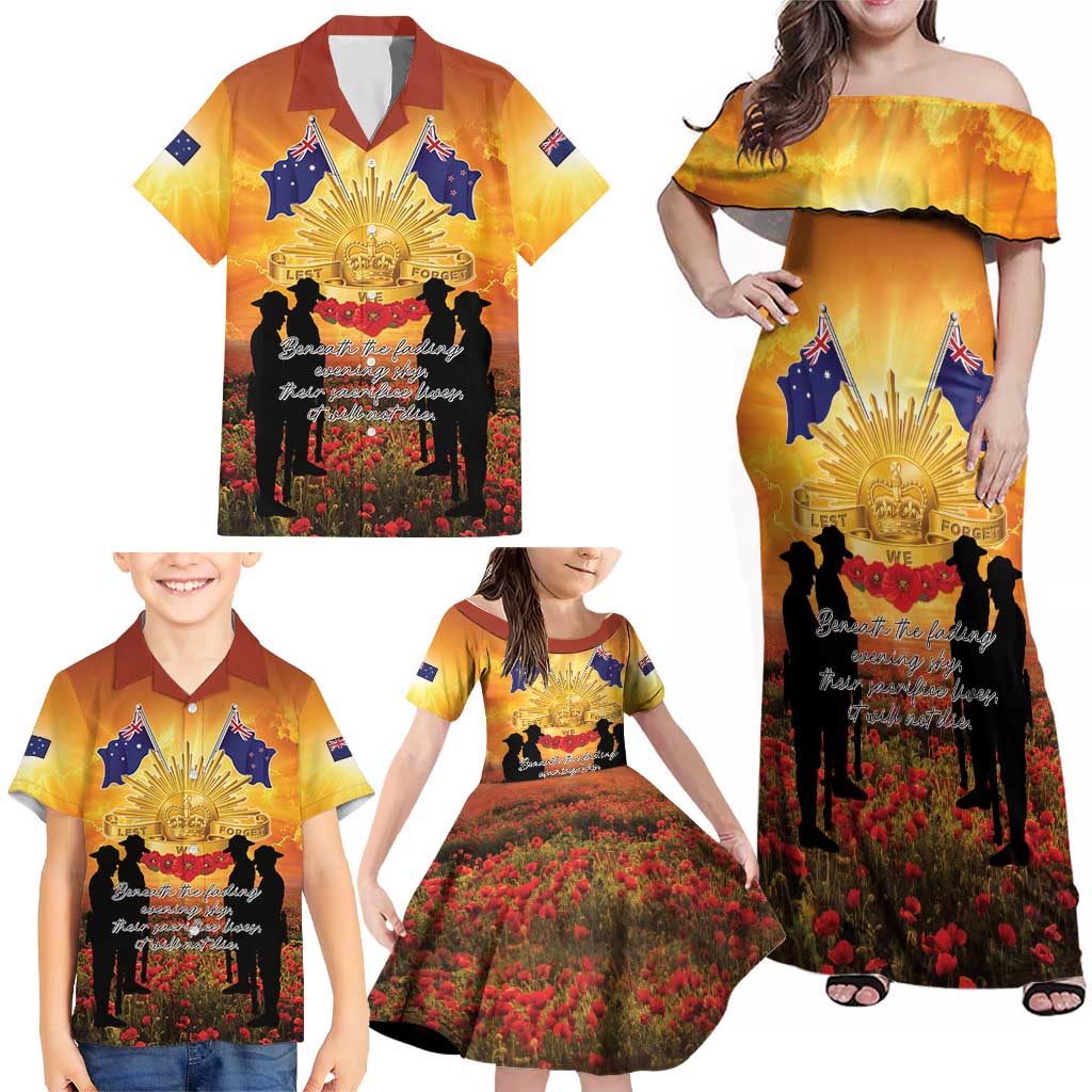ANZAC Day Family Matching Off Shoulder Maxi Dress and Hawaiian Shirt Remembrance Tribute Soldiers And Poppy Field