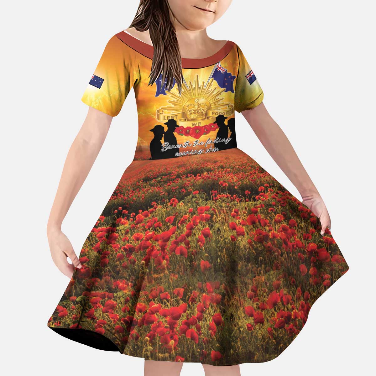 ANZAC Day Kid Short Sleeve Dress Remembrance Tribute Soldiers And Poppy Field