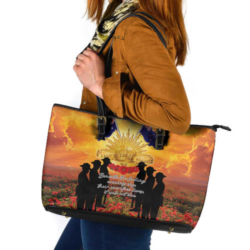ANZAC Day Leather Tote Bag Remembrance Tribute Soldiers And Poppy Field