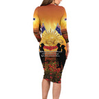 ANZAC Day Long Sleeve Bodycon Dress Remembrance Tribute Soldiers And Poppy Field