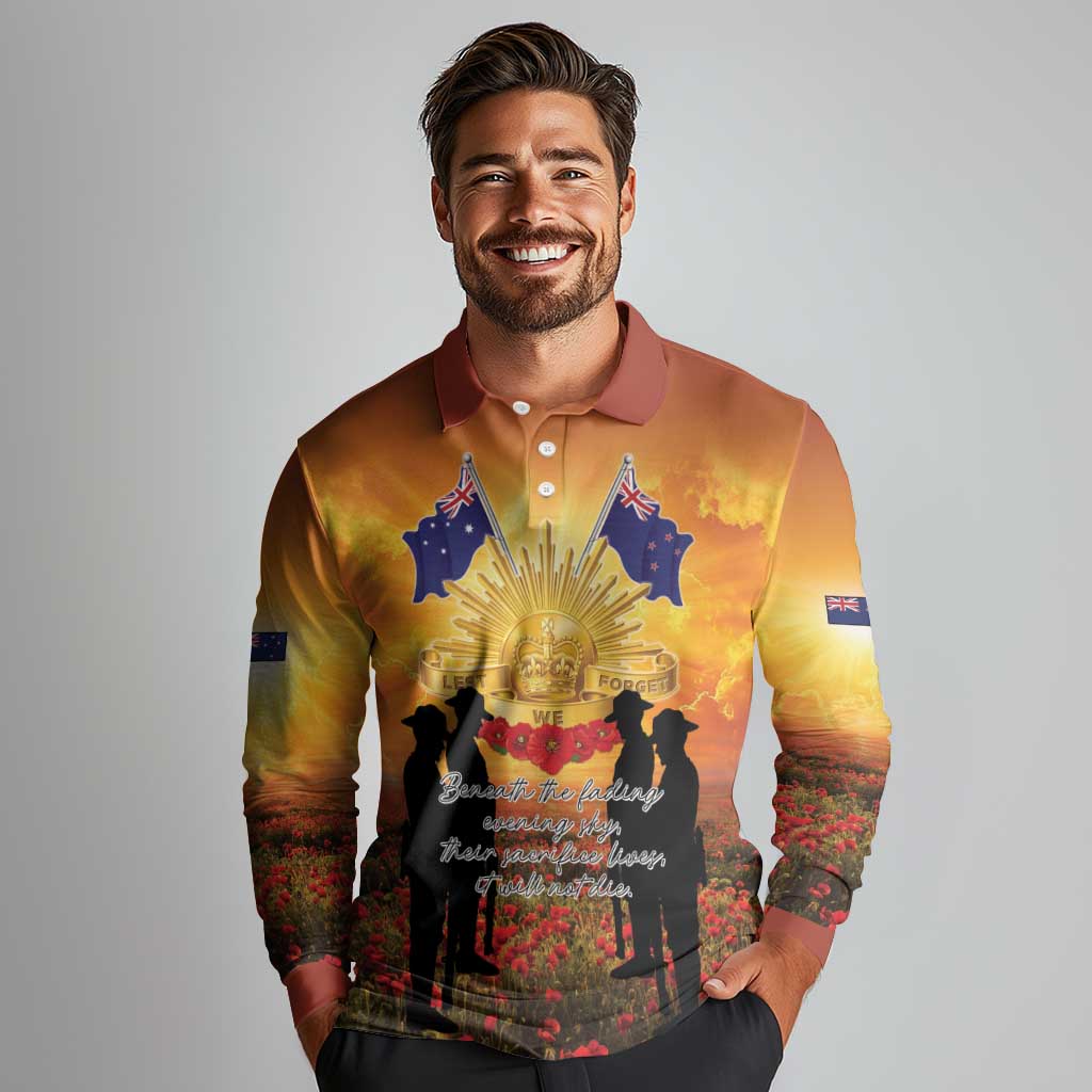 ANZAC Day Long Sleeve Polo Shirt Remembrance Tribute Soldiers And Poppy Field