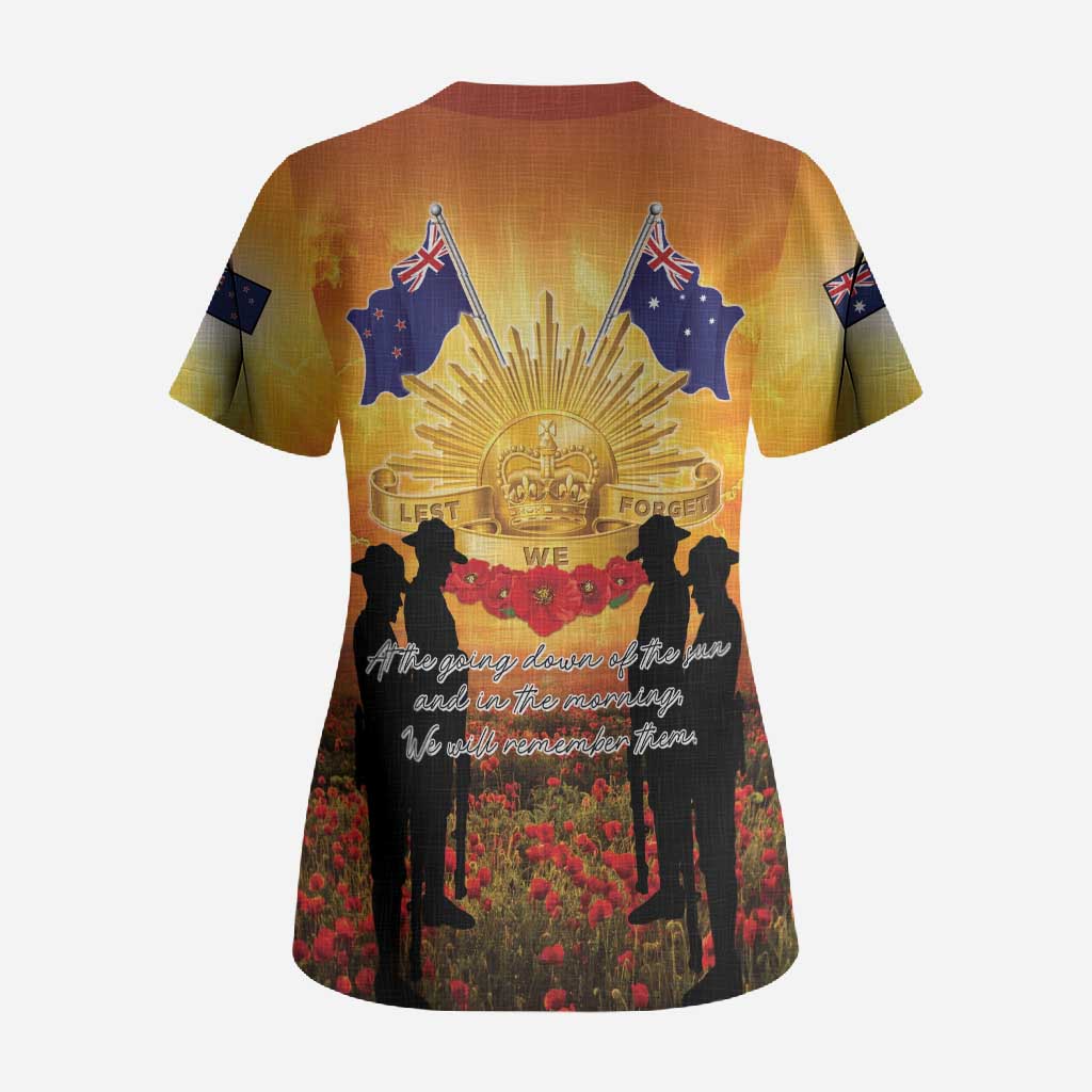 ANZAC Day Scrub Top Remembrance Tribute Soldiers And Poppy Field