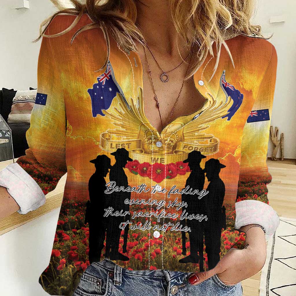ANZAC Day Women Casual Shirt Remembrance Tribute Soldiers And Poppy Field