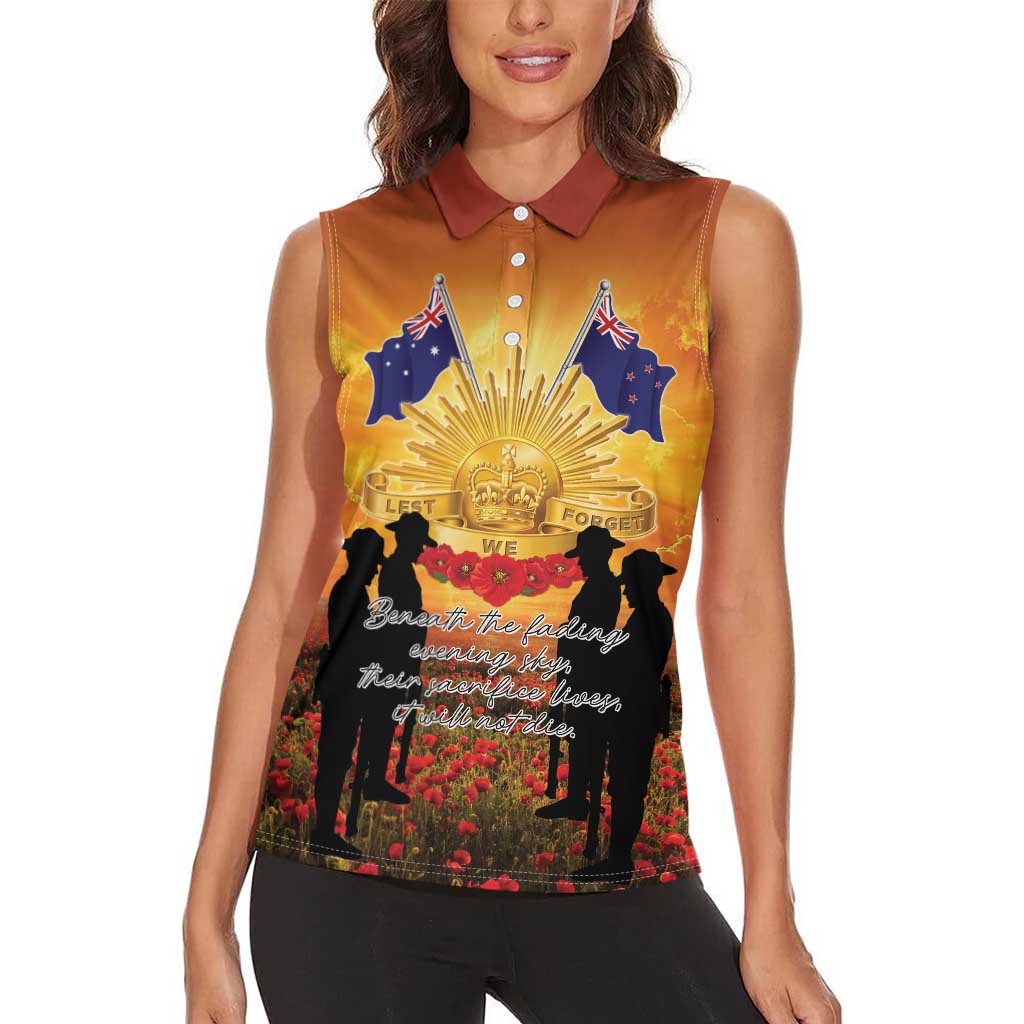 ANZAC Day Women Sleeveless Polo Shirt Remembrance Tribute Soldiers And Poppy Field