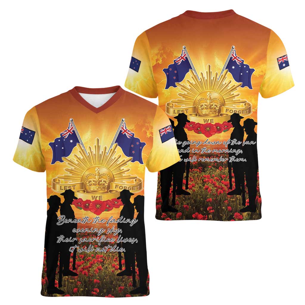 ANZAC Day Women V-Neck T-Shirt Remembrance Tribute Soldiers And Poppy Field