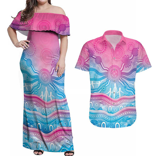 NAIDOC Week 50 Years Deadly Couples Matching Off Shoulder Maxi Dress and Hawaiian Shirt Aboriginal Dreamtime