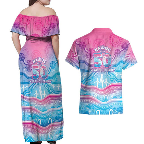 NAIDOC Week 50 Years Deadly Couples Matching Off Shoulder Maxi Dress and Hawaiian Shirt Aboriginal Dreamtime