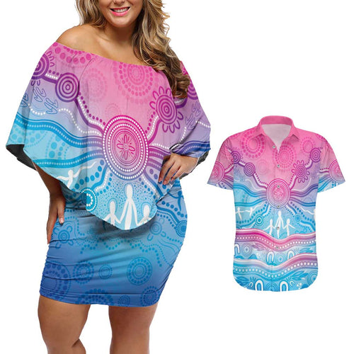 NAIDOC Week 50 Years Deadly Couples Matching Off Shoulder Short Dress and Hawaiian Shirt Aboriginal Dreamtime