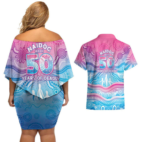 NAIDOC Week 50 Years Deadly Couples Matching Off Shoulder Short Dress and Hawaiian Shirt Aboriginal Dreamtime