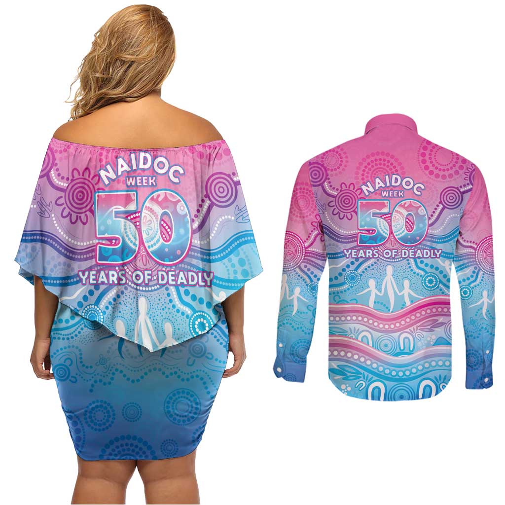 NAIDOC Week 50 Years Deadly Couples Matching Off Shoulder Short Dress and Long Sleeve Button Shirt Aboriginal Dreamtime
