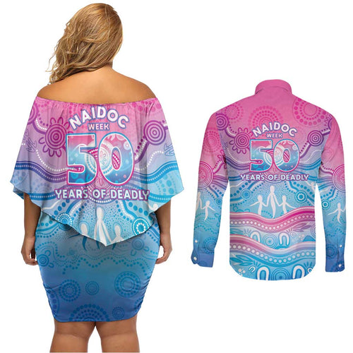 NAIDOC Week 50 Years Deadly Couples Matching Off Shoulder Short Dress and Long Sleeve Button Shirt Aboriginal Dreamtime