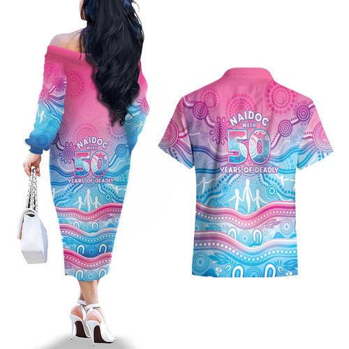 NAIDOC Week 50 Years Deadly Couples Matching Off The Shoulder Long Sleeve Dress and Hawaiian Shirt Aboriginal Dreamtime