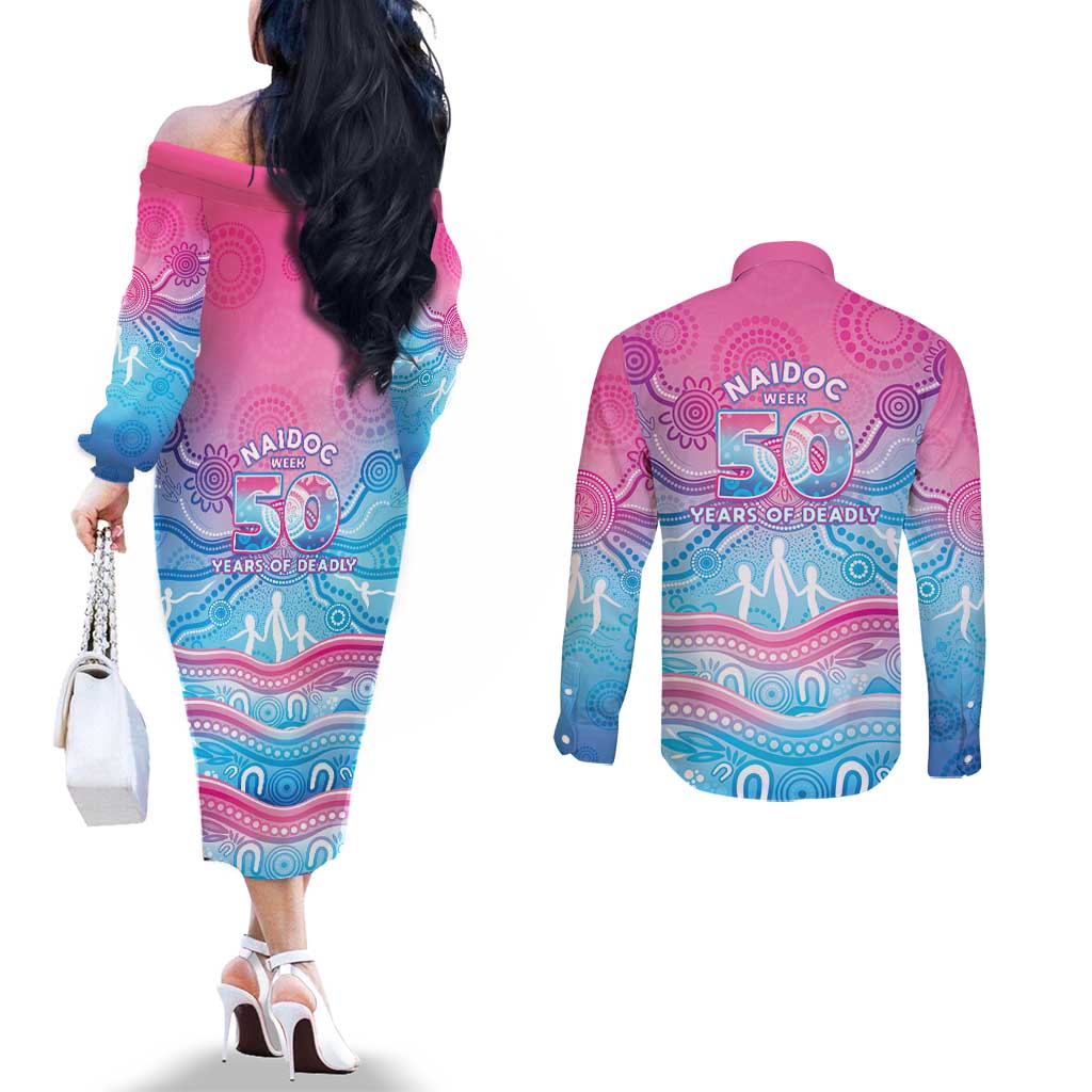 NAIDOC Week 50 Years Deadly Couples Matching Off The Shoulder Long Sleeve Dress and Long Sleeve Button Shirt Aboriginal Dreamtime
