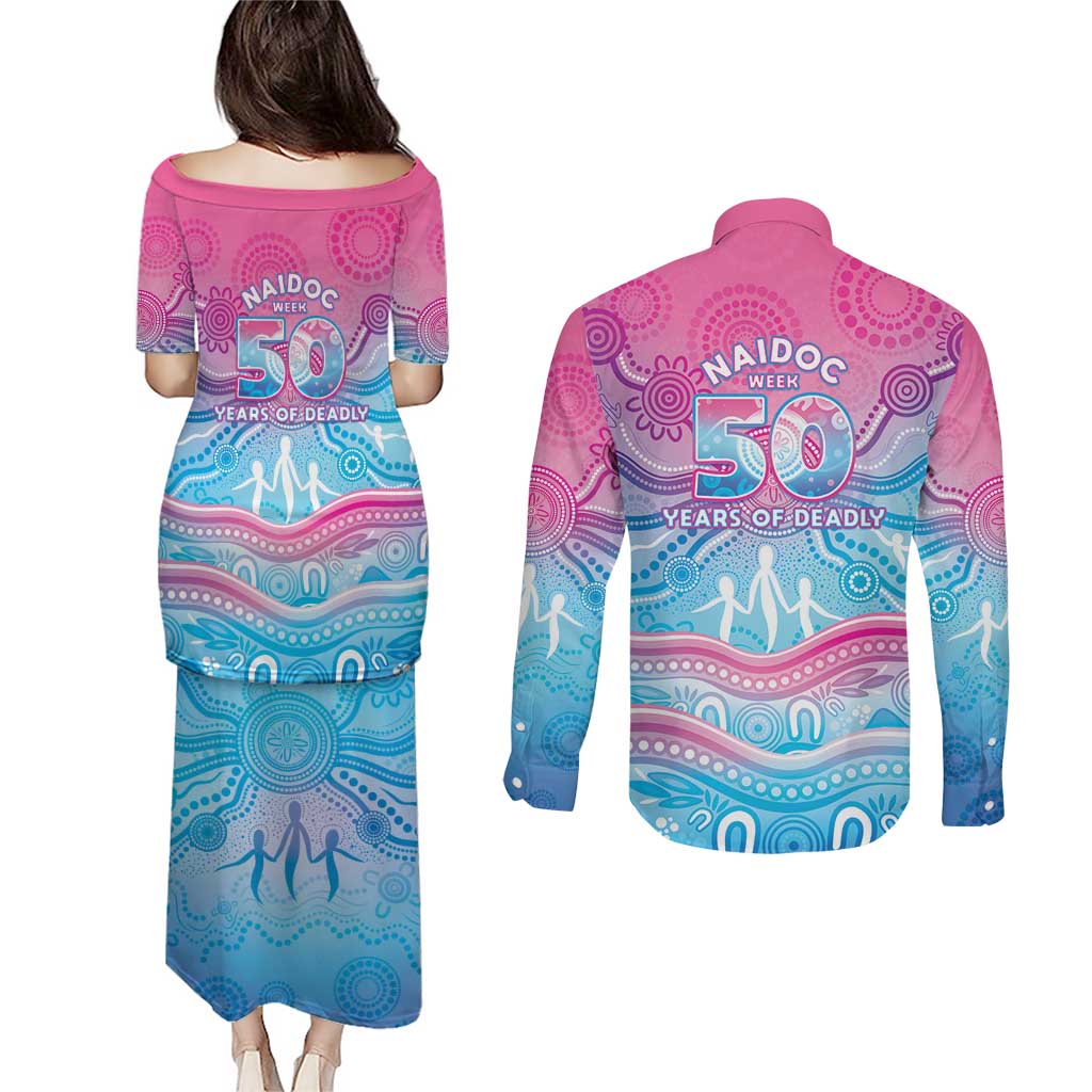 NAIDOC Week 50 Years Deadly Couples Matching Puletasi and Long Sleeve Button Shirt Aboriginal Dreamtime