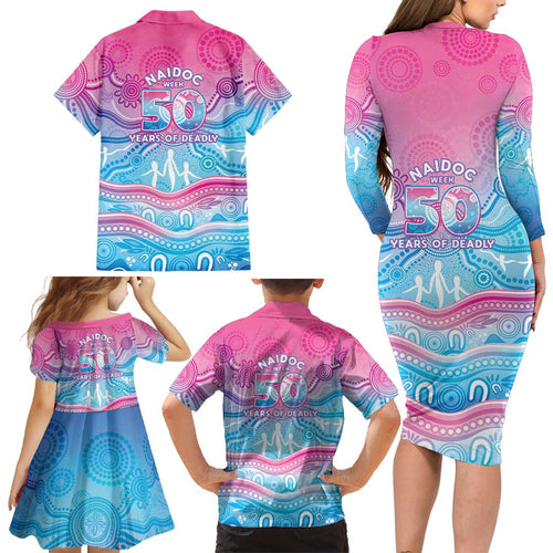 NAIDOC Week 50 Years Deadly Family Matching Long Sleeve Bodycon Dress and Hawaiian Shirt Aboriginal Dreamtime