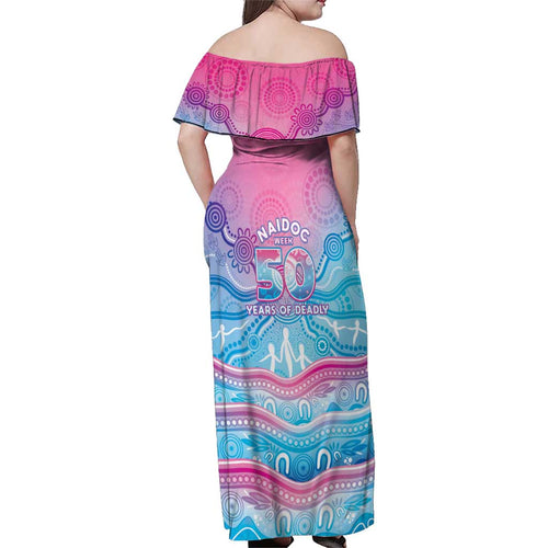 NAIDOC Week 50 Years Deadly Family Matching Off Shoulder Maxi Dress and Hawaiian Shirt Aboriginal Dreamtime