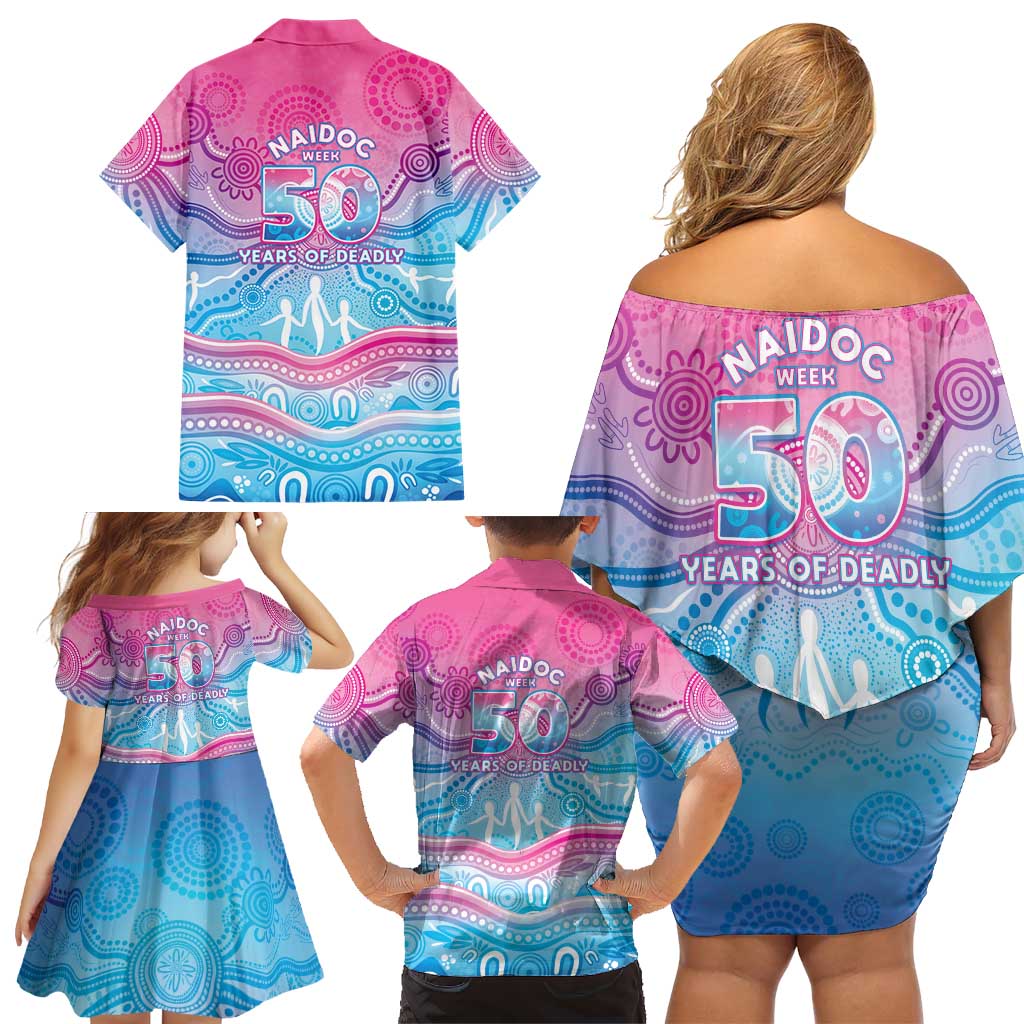 NAIDOC Week 50 Years Deadly Family Matching Off Shoulder Short Dress and Hawaiian Shirt Aboriginal Dreamtime