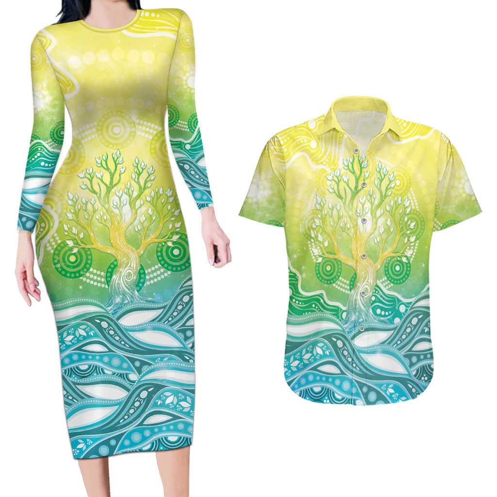 Australia NAIDOC Week Couples Matching Long Sleeve Bodycon Dress and Hawaiian Shirt Eternal Spirit Tree Pastel Gradient