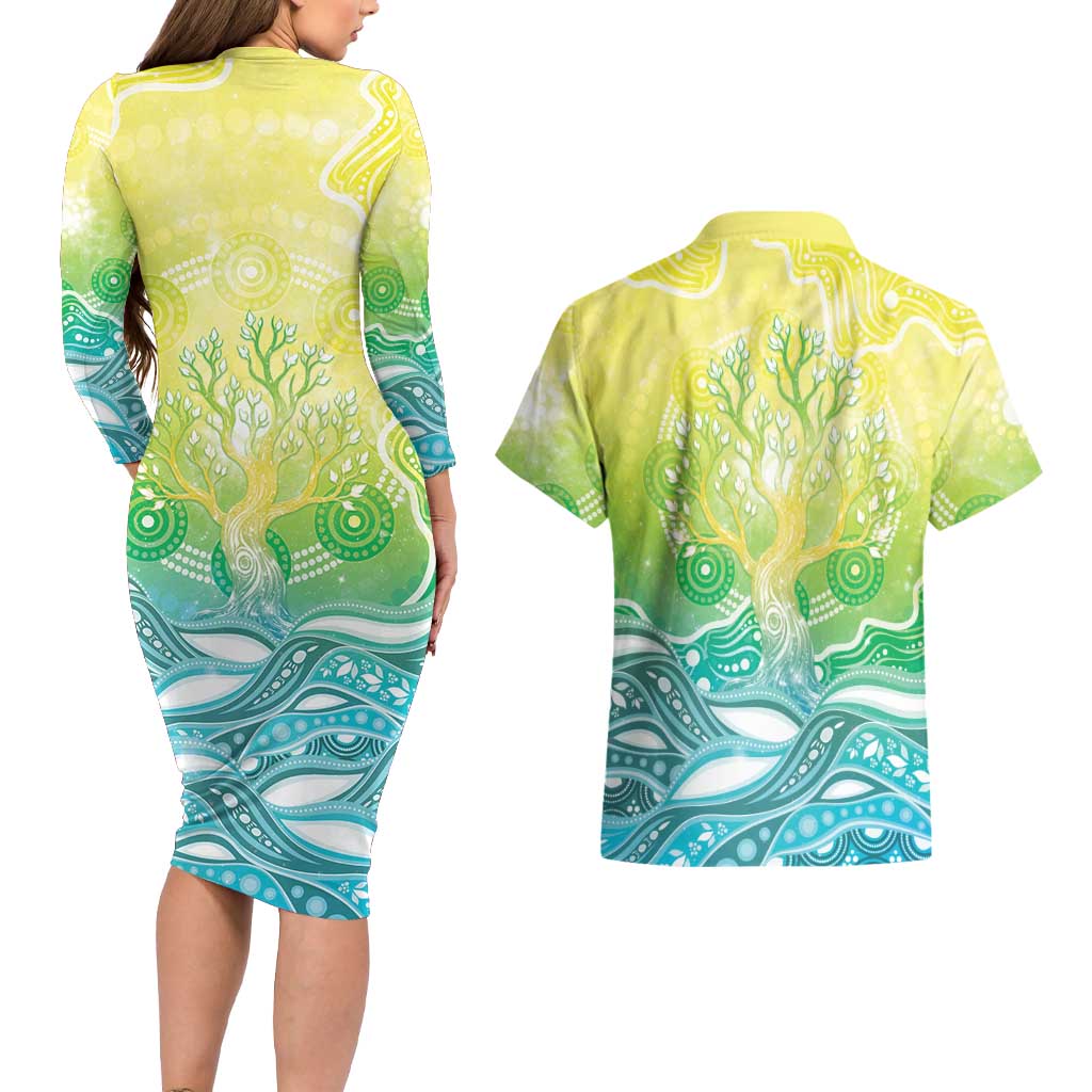 Australia NAIDOC Week Couples Matching Long Sleeve Bodycon Dress and Hawaiian Shirt Eternal Spirit Tree Pastel Gradient