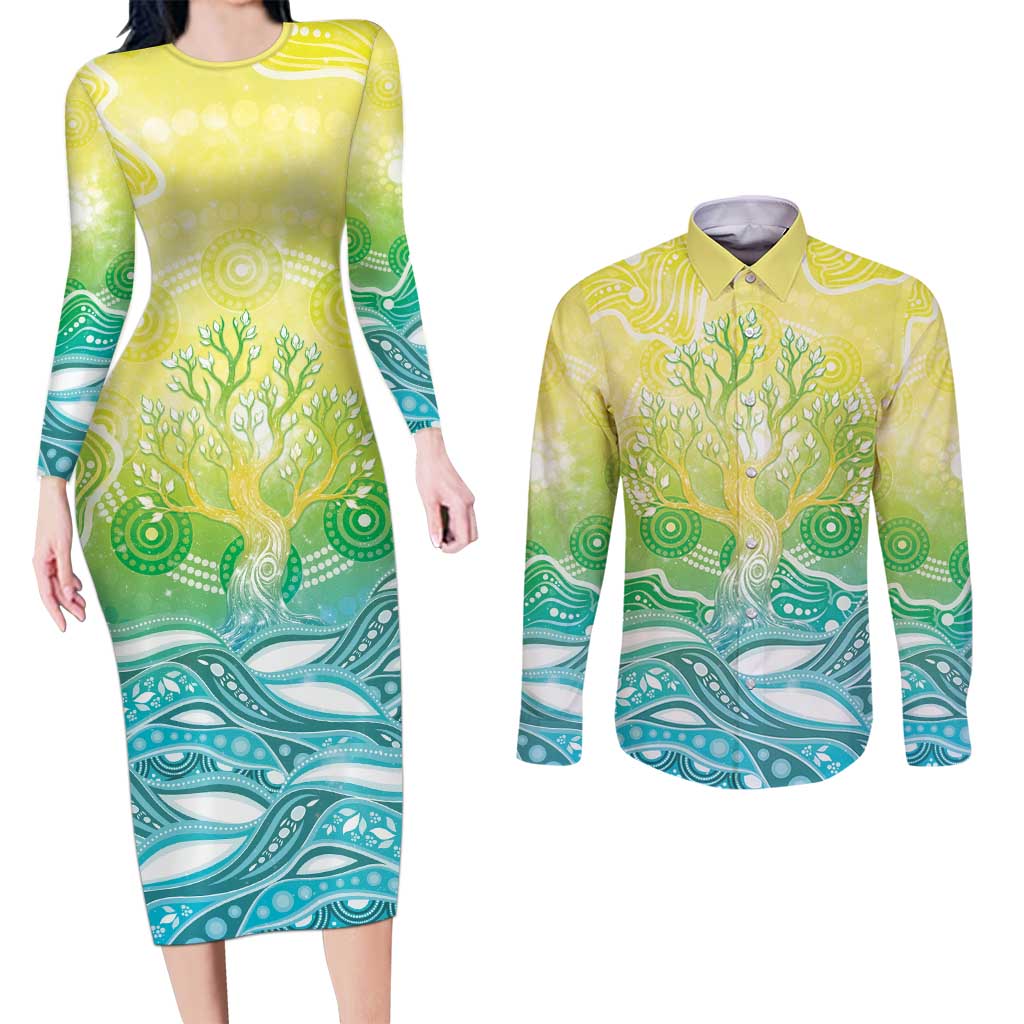 Australia NAIDOC Week Couples Matching Long Sleeve Bodycon Dress and Long Sleeve Button Shirt Eternal Spirit Tree Pastel Gradient