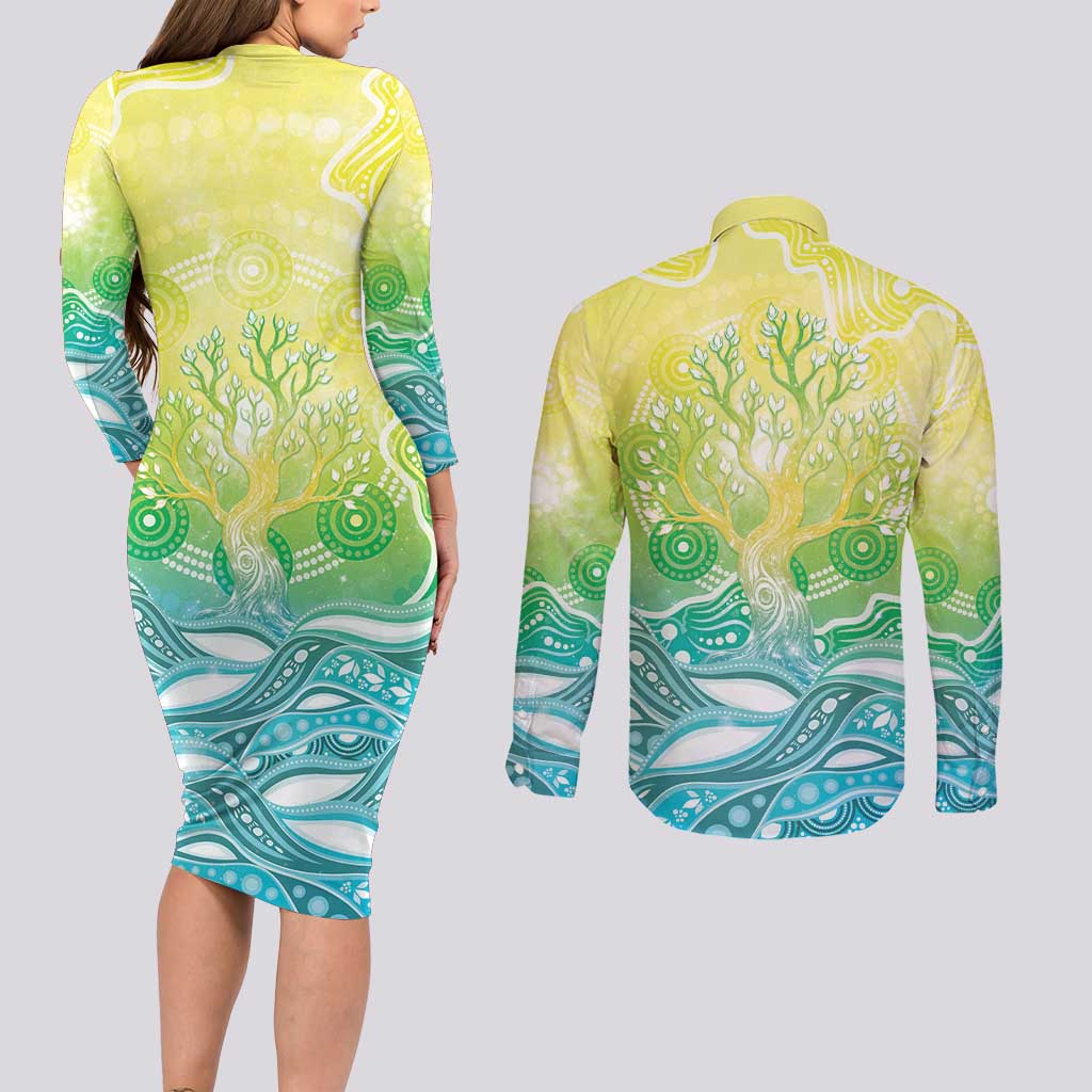 Australia NAIDOC Week Couples Matching Long Sleeve Bodycon Dress and Long Sleeve Button Shirt Eternal Spirit Tree Pastel Gradient