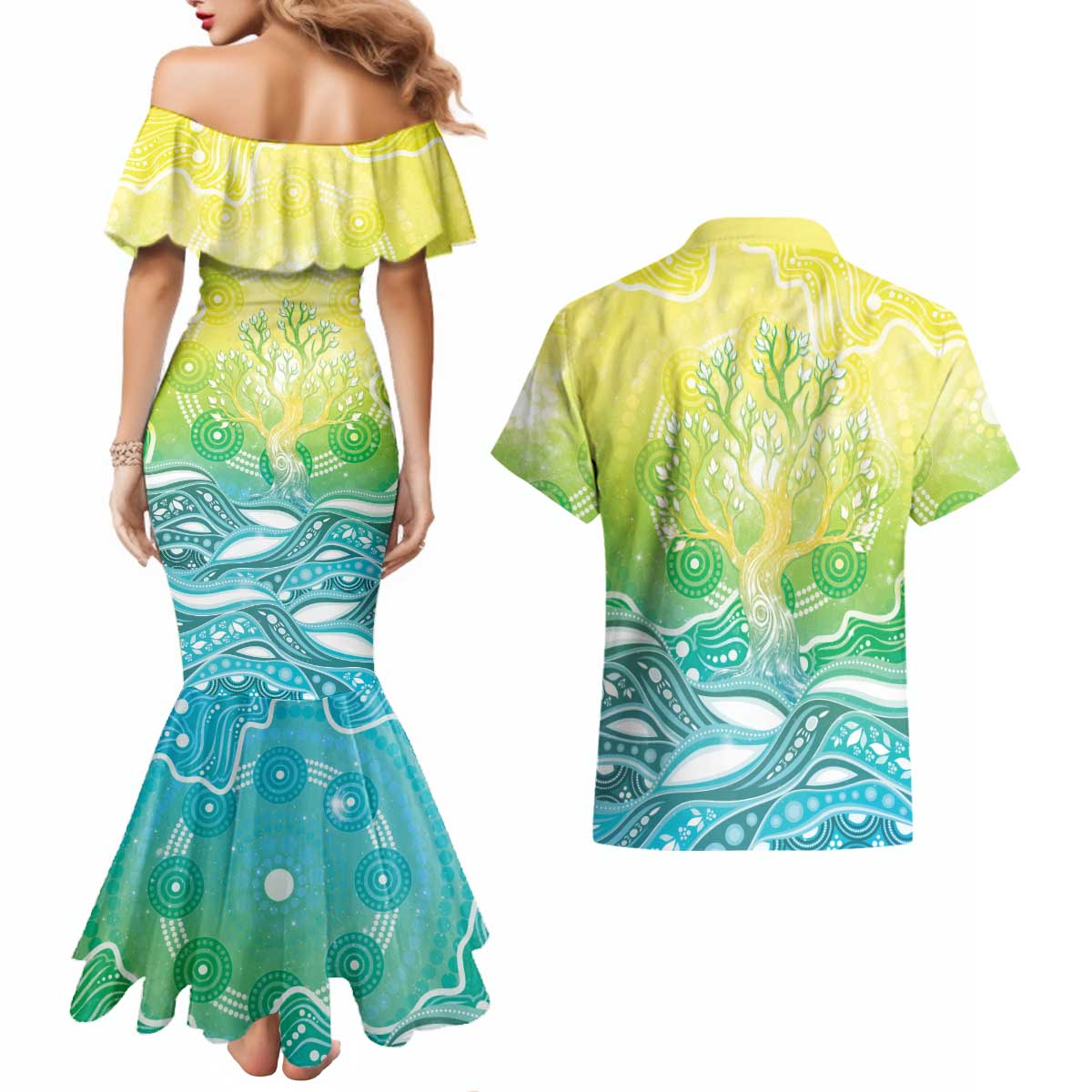 Australia NAIDOC Week Couples Matching Mermaid Dress and Hawaiian Shirt Eternal Spirit Tree Pastel Gradient