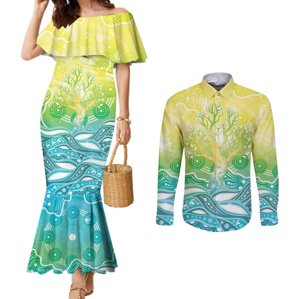 Australia NAIDOC Week Couples Matching Mermaid Dress and Long Sleeve Button Shirt Eternal Spirit Tree Pastel Gradient