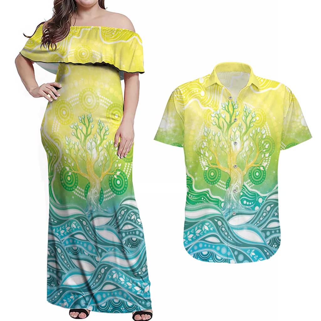 Australia NAIDOC Week Couples Matching Off Shoulder Maxi Dress and Hawaiian Shirt Eternal Spirit Tree Pastel Gradient