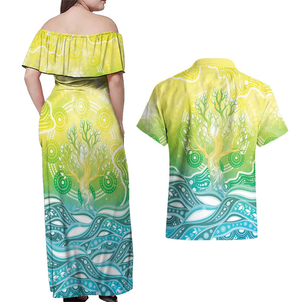 Australia NAIDOC Week Couples Matching Off Shoulder Maxi Dress and Hawaiian Shirt Eternal Spirit Tree Pastel Gradient