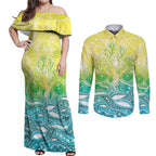Australia NAIDOC Week Couples Matching Off Shoulder Maxi Dress and Long Sleeve Button Shirt Eternal Spirit Tree Pastel Gradient