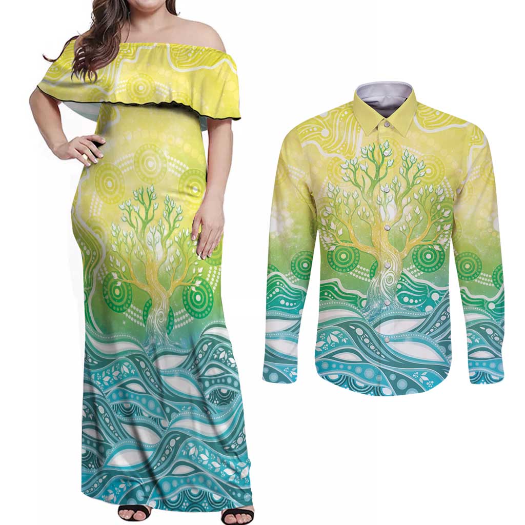 Australia NAIDOC Week Couples Matching Off Shoulder Maxi Dress and Long Sleeve Button Shirt Eternal Spirit Tree Pastel Gradient