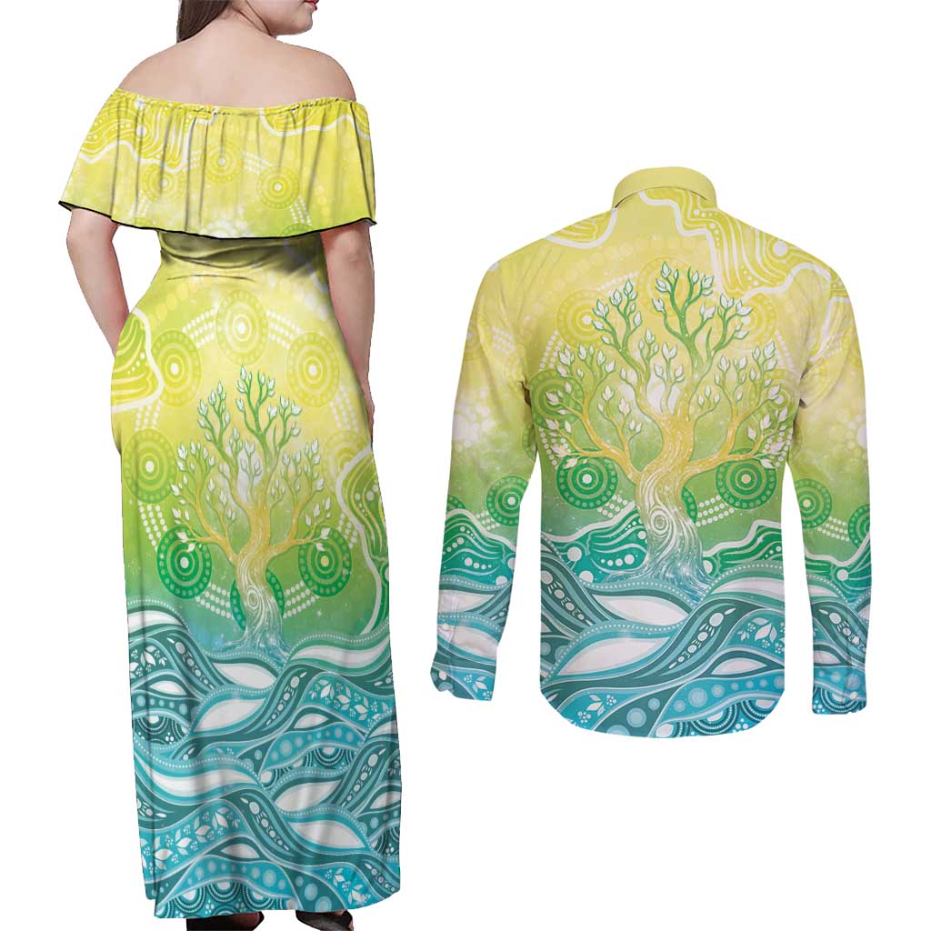 Australia NAIDOC Week Couples Matching Off Shoulder Maxi Dress and Long Sleeve Button Shirt Eternal Spirit Tree Pastel Gradient