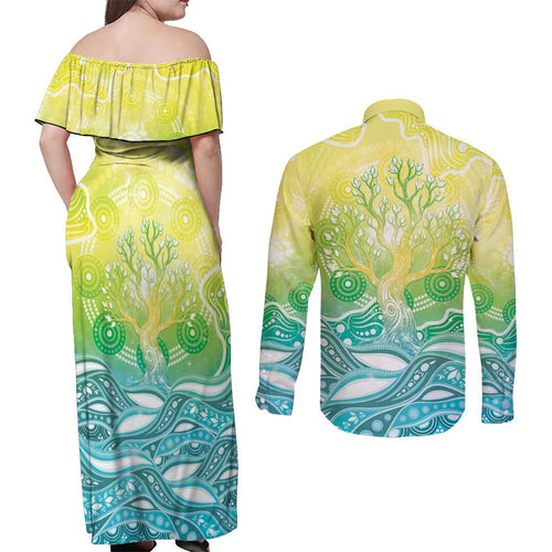 Australia NAIDOC Week Couples Matching Off Shoulder Maxi Dress and Long Sleeve Button Shirt Eternal Spirit Tree Pastel Gradient