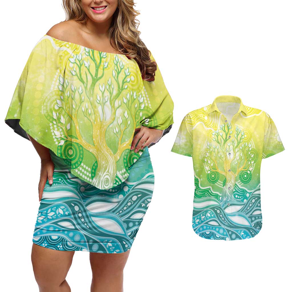 Australia NAIDOC Week Couples Matching Off Shoulder Short Dress and Hawaiian Shirt Eternal Spirit Tree Pastel Gradient