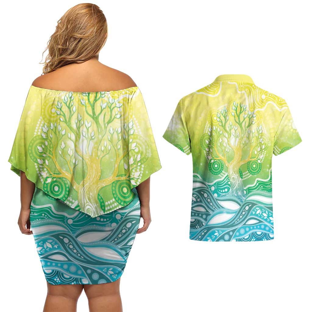 Australia NAIDOC Week Couples Matching Off Shoulder Short Dress and Hawaiian Shirt Eternal Spirit Tree Pastel Gradient