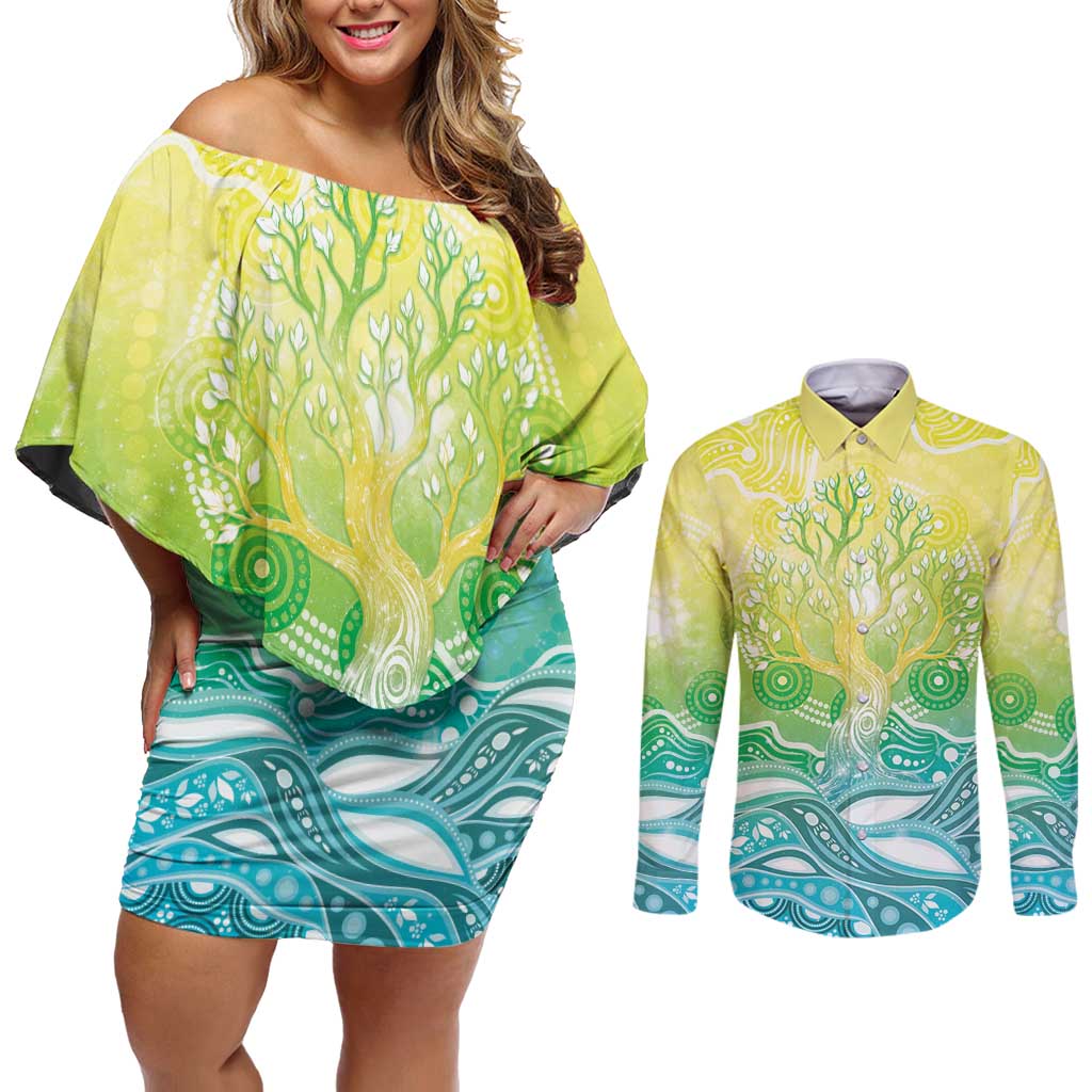 Australia NAIDOC Week Couples Matching Off Shoulder Short Dress and Long Sleeve Button Shirt Eternal Spirit Tree Pastel Gradient